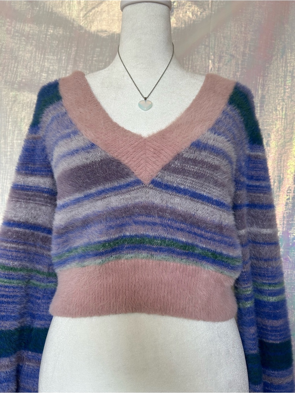Sunday Best Pink and Purple Striped Fuzzy V-Neck Sweater. Size XS.